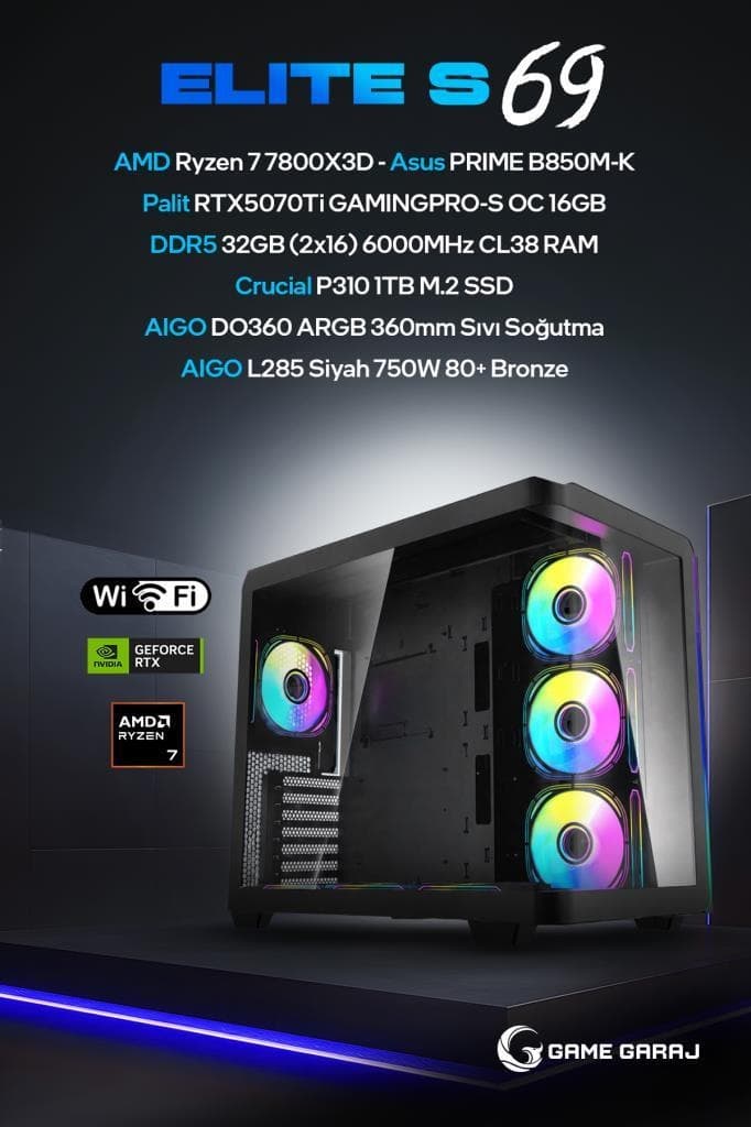 Game Garaj Elite S69 R7-7800X3D 32 GB 1 TB SSD RTX5070Ti Dos Masaüstü Oyuncu Oem Paket Bilgisayarı